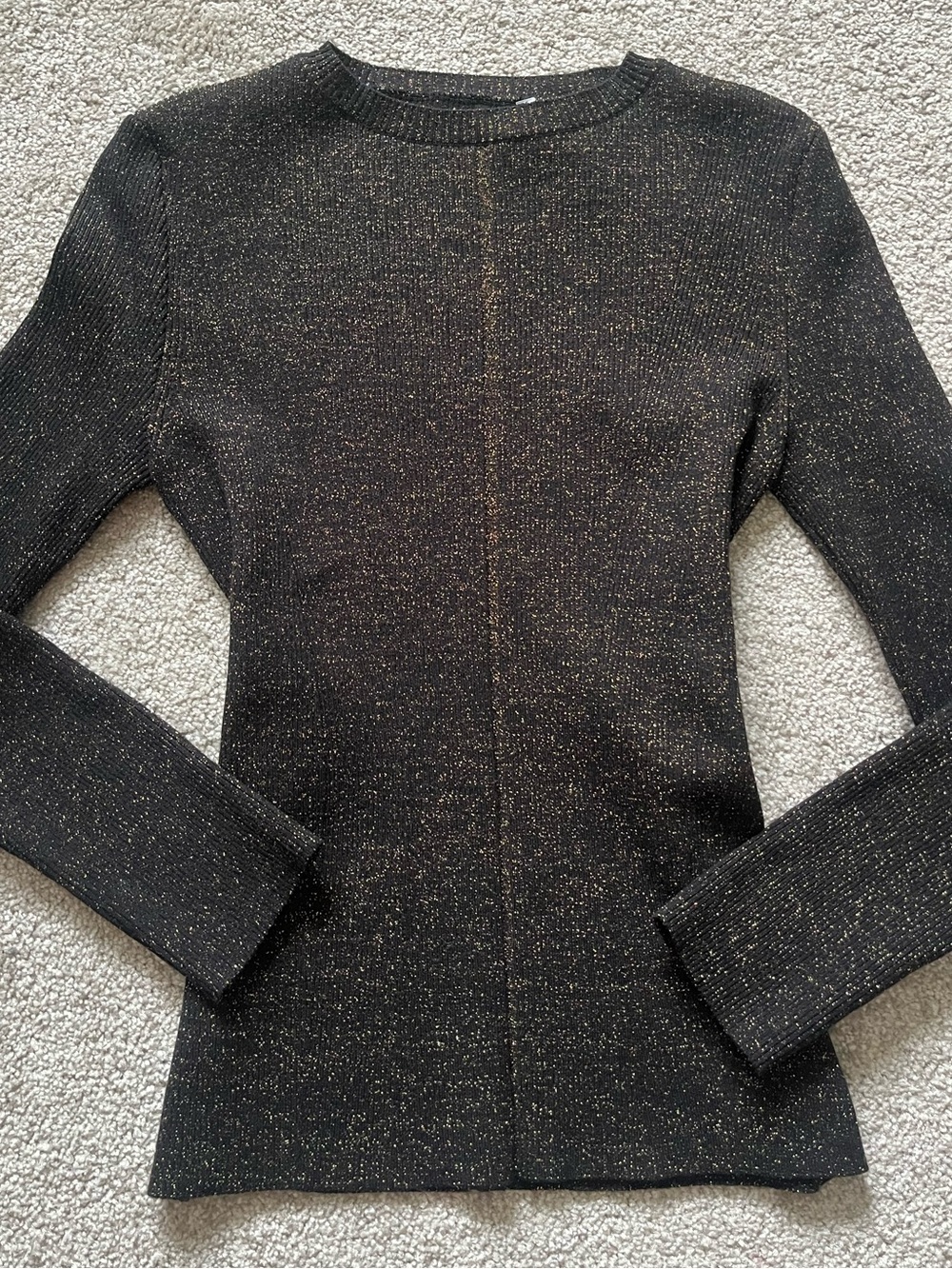 Oscar de la Renta Black with Gold Lurex Long-Sleeve Knit Dress Top